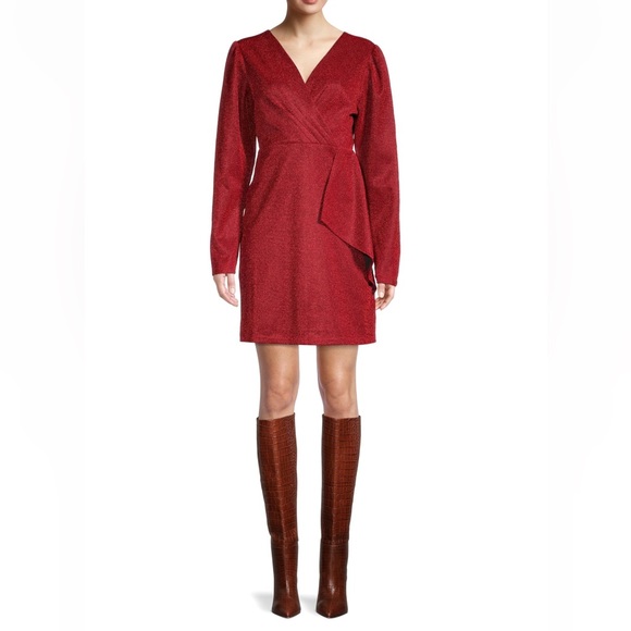 Lea & Viola Red Shimmer Overlay long sleeves detailed Mini Dress Contemporary - Picture 2 of 10